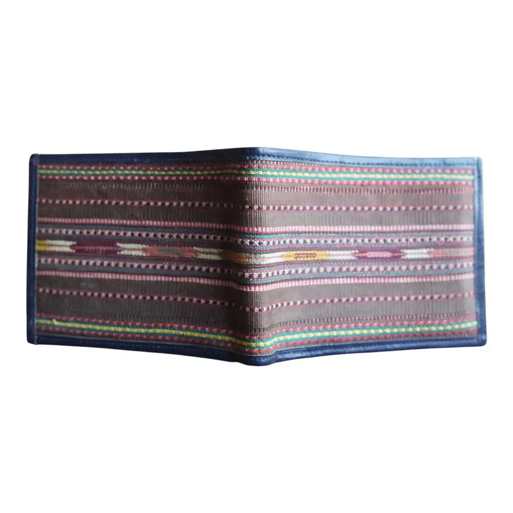 Vintage Handmade Woven Textile Navy Leather Wallet Billfold Gift Him